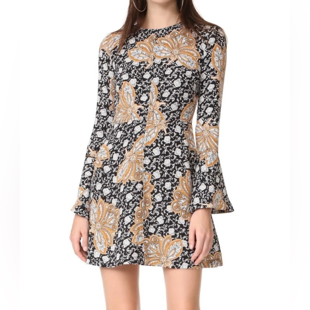 A.L.C. Trixie Floral paisley silk mini flare dress long sleeve fall bell sleeve